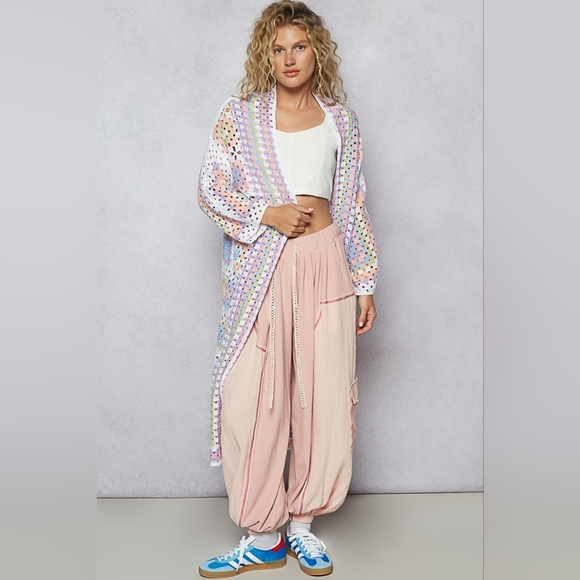 POL Pastel Crochet Granny Square Duster Kimono Cardigan OSFA - Picture 3 of 11